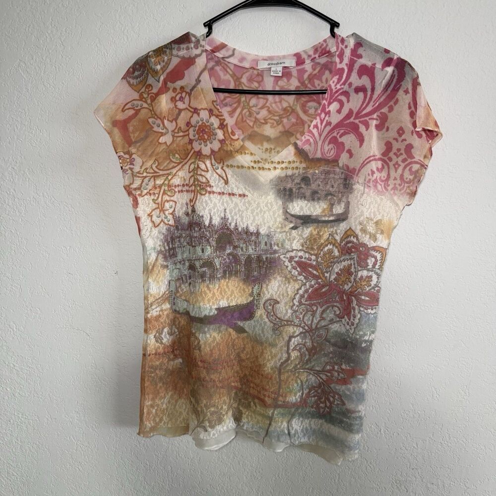 Dressbarn Women’s L Floral Paisley Mesh Top Pink Sheer Embellished Y2K